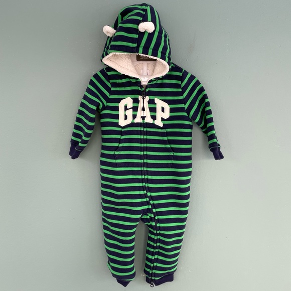 GAP Other - Baby Gap Sherpa Lined Striped Hooded Sweatshirt Bunting One Piece Hoodie Romper